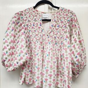 SAYLOR Floral Blouse with Smocked Detail - Pink, Green, Blue